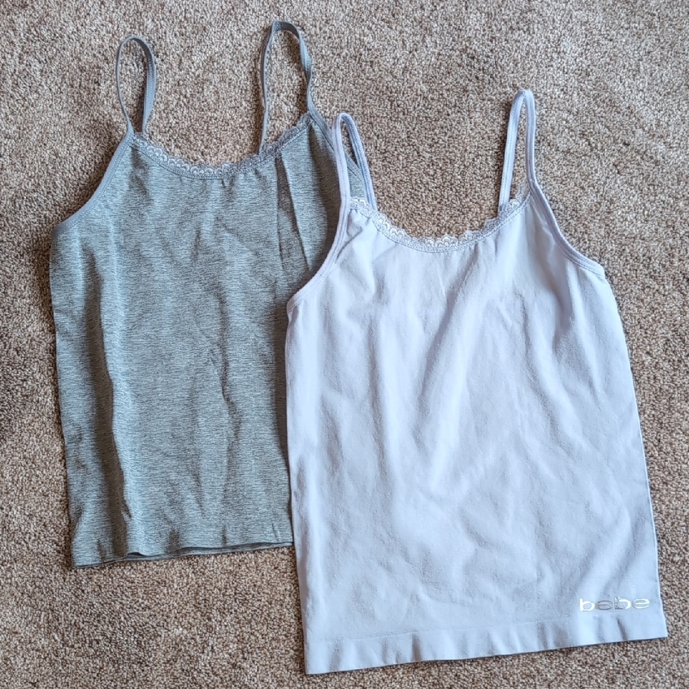 Bebe Gray and White Camisole Set with Lace Trim